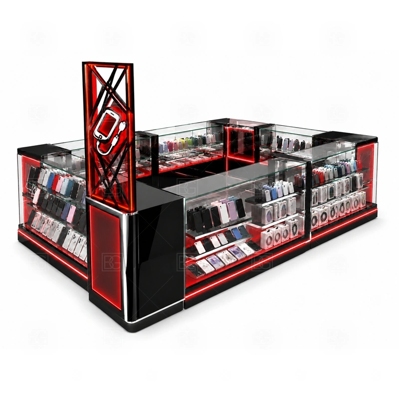 Mall Retail Retail Phone Kiosk Design showing a standard mall retail plan with customer browsing in front and staff functions grouped behind the counter shown in the mall retail retail phone kiosk design product photos, with front-facing customer movement with staff work kept behind the display line