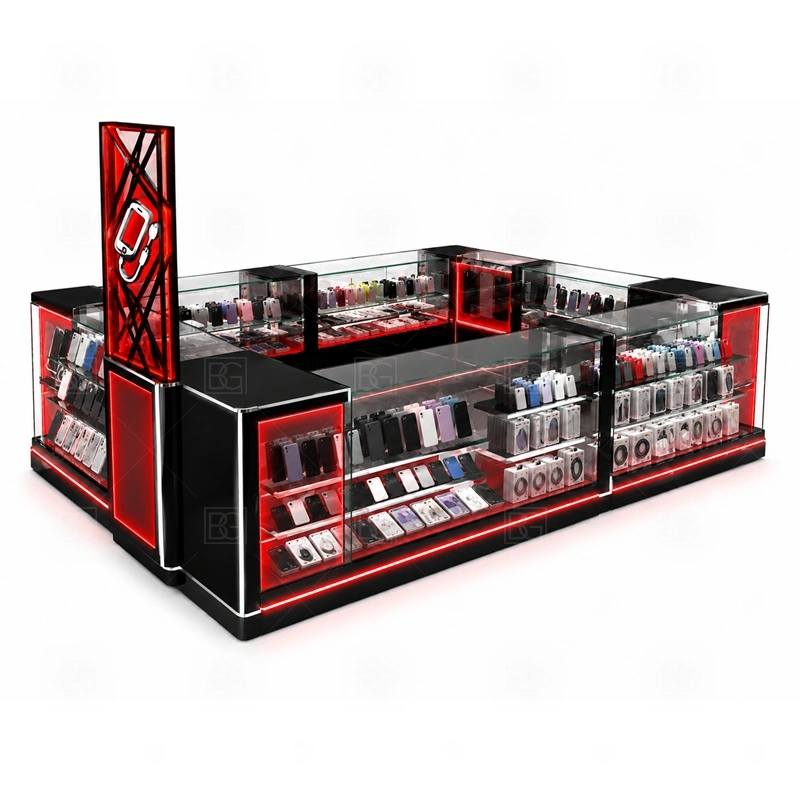Mall Retail Retail Phone Kiosk Design display detail for phone cases, chargers, accessories, demo products, and selected showcase items arranged for fast browsing shown in the mall retail retail phone kiosk design product photos; the product photos also emphasize phone accessory displays, glass counters, and small product shelving