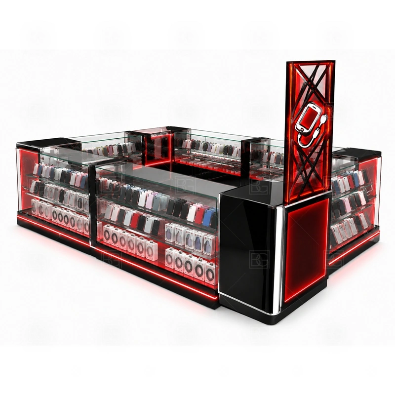 Mall Retail Retail Phone Kiosk Design service area for daily sales, product explanation, POS payment, packing, and quick customer support shown in the mall retail retail phone kiosk design product photos; the kiosk can follow sales counter, POS area, packing surface, and staff-side storage
