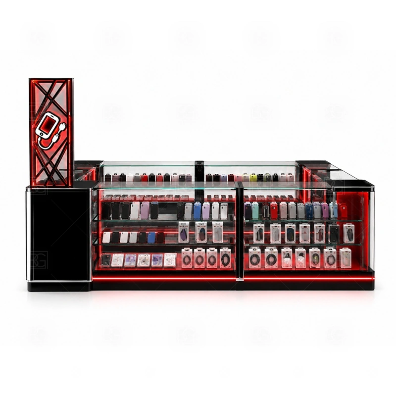 Mall Retail Retail Phone Kiosk Design signage detail with mall-friendly logo signs, front graphics, and color panels that can be reviewed by the landlord shown in the mall retail retail phone kiosk design product photos; this page also uses tall logo tower and LED brand lighting