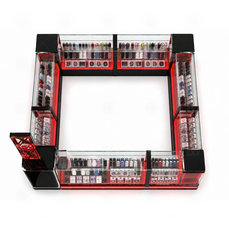 Mall Retail Retail Phone Kiosk Design storage detail for base cabinets, drawers, and cable routes placed for routine retail operation shown in the mall retail retail phone kiosk design product photos, with separate zones for browsing, payment, stock refill, and product consultation
