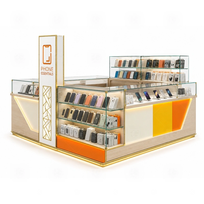Mobile Shop Cell Phone Kiosk for Retail Business with a mobile-shop style kiosk with complete accessory display, cashier function, and compact store-like presentation shown in the mobile shop cell phone kiosk for retail business product photos for cell phone accessory and device display