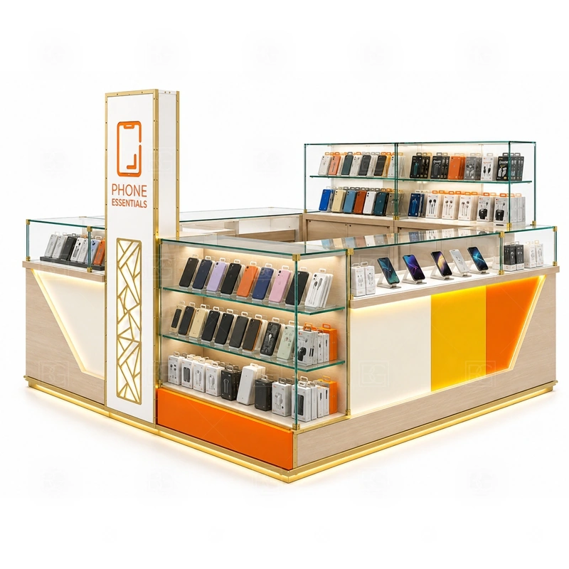 Mobile Shop Cell Phone Kiosk for Retail Business showing a mini-store footprint that combines browsing, checkout, stock access, and optional service consultation shown in the mobile shop cell phone kiosk for retail business product photos, with front-facing customer movement with staff work kept behind the display line