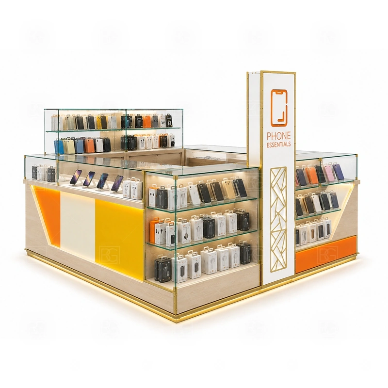 Mobile Shop Cell Phone Kiosk for Retail Business display detail for a broad phone shop assortment including cases, chargers, earbuds, devices, protectors, and add-on items shown in the mobile shop cell phone kiosk for retail business product photos; the product photos also emphasize phone accessory displays, glass counters, and small product shelving