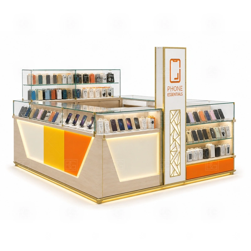 Mobile Shop Cell Phone Kiosk for Retail Business service area for daily phone shop selling, quick repair questions, payment, pickup, and packaging shown in the mobile shop cell phone kiosk for retail business product photos; the kiosk can follow sales counter, POS area, packing surface, and staff-side storage