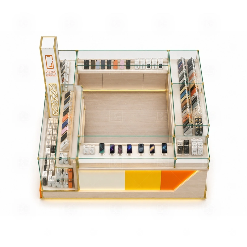 Mobile Shop Cell Phone Kiosk for Retail Business storage detail for staff-side cabinets and drawers sized for a wider accessory assortment shown in the mobile shop cell phone kiosk for retail business product photos, with separate zones for browsing, payment, stock refill, and product consultation