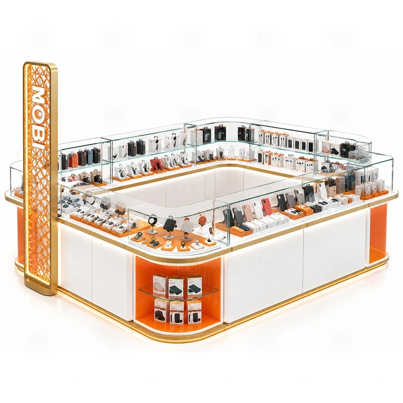 Mobile Shop Cellphone Accessories Kiosk with LED Signage with a mobile-shop style kiosk with complete accessory display, cashier function, and compact store-like presentation shown in the mobile shop cellphone accessories kiosk with led signage product photos for mobile accessory retail and small electronics display
