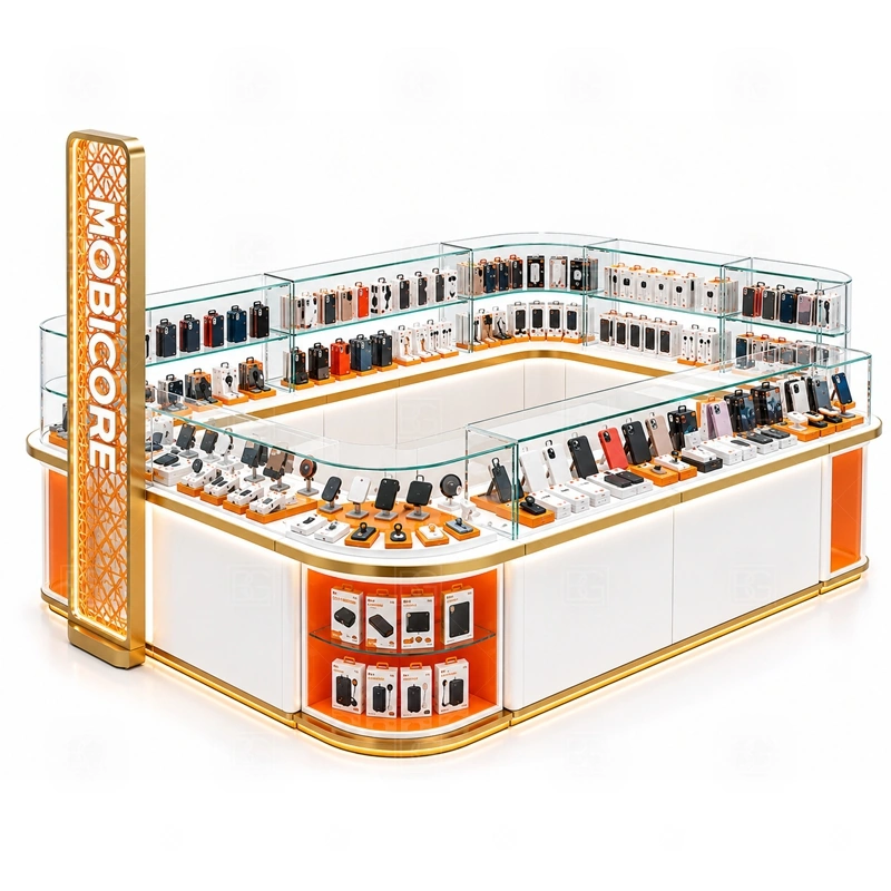 Mobile Shop Cellphone Accessories Kiosk with LED Signage showing a mini-store footprint that combines browsing, checkout, stock access, and optional service consultation shown in the mobile shop cellphone accessories kiosk with led signage product photos, with separate zones for browsing, payment, stock refill, and product consultation