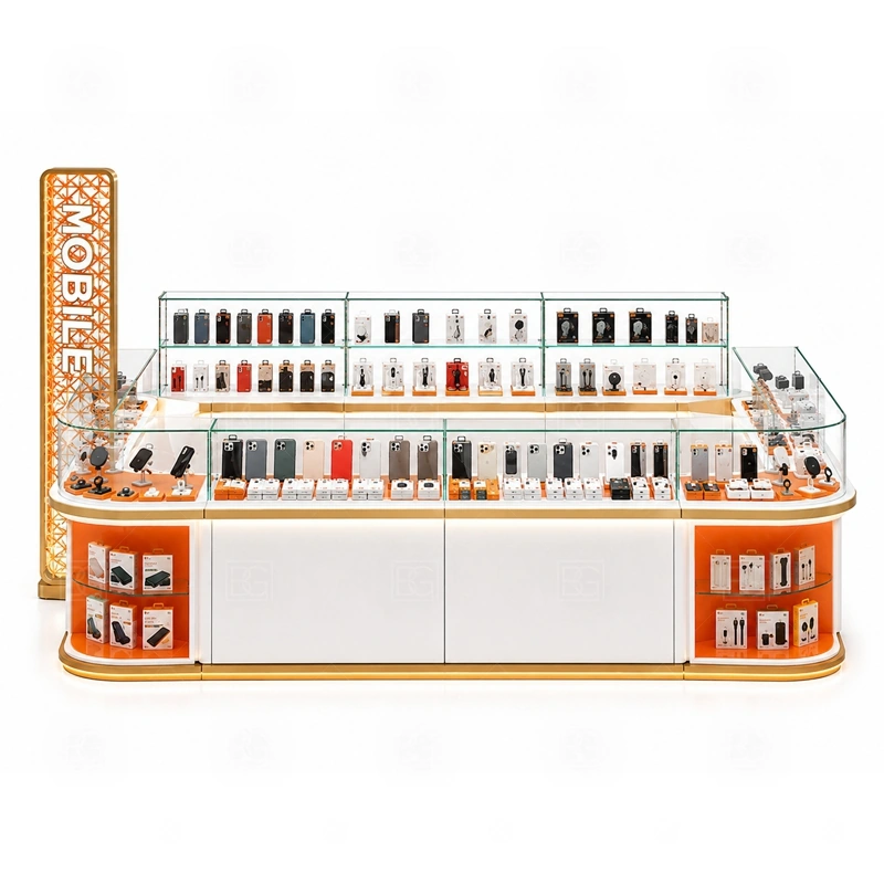 Mobile Shop Cellphone Accessories Kiosk with LED Signage display detail for a broad phone shop assortment including cases, chargers, earbuds, devices, protectors, and add-on items shown in the mobile shop cellphone accessories kiosk with led signage product photos; the product photos also emphasize phone accessory displays, glass counters, and small product shelving