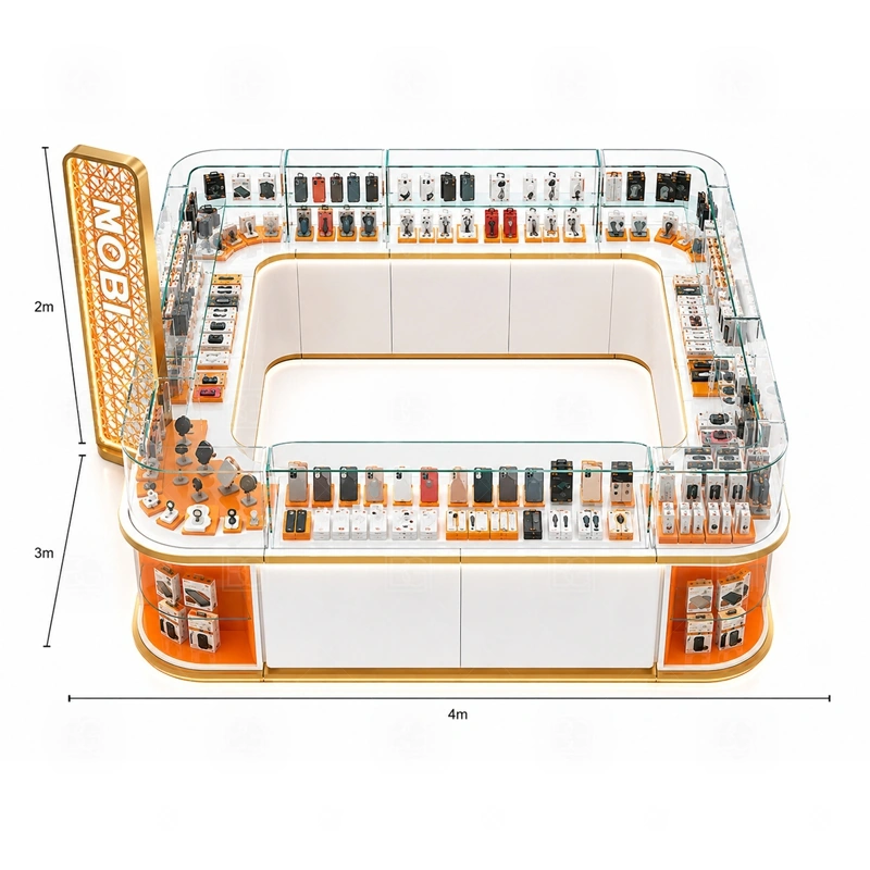 Mobile Shop Cellphone Accessories Kiosk with LED Signage service area for daily phone shop selling, quick repair questions, payment, pickup, and packaging shown in the mobile shop cellphone accessories kiosk with led signage product photos; the kiosk can follow sales counter, POS area, packing surface, and staff-side storage