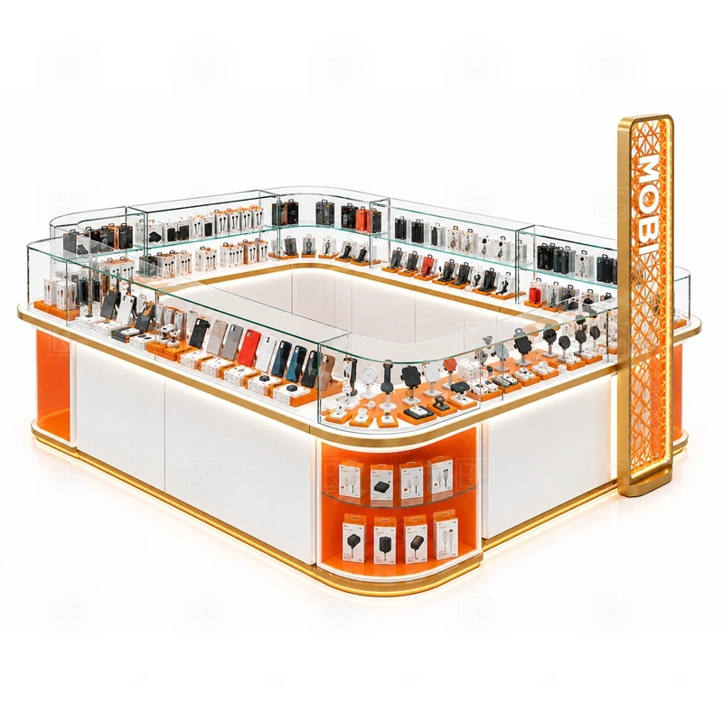 Mobile Shop Cellphone Accessories Kiosk with LED Signage signage detail with LED signage, illuminated front graphics, and brighter customer-facing brand panels shown in the mobile shop cellphone accessories kiosk with led signage product photos; this page also uses tall logo tower and LED brand lighting