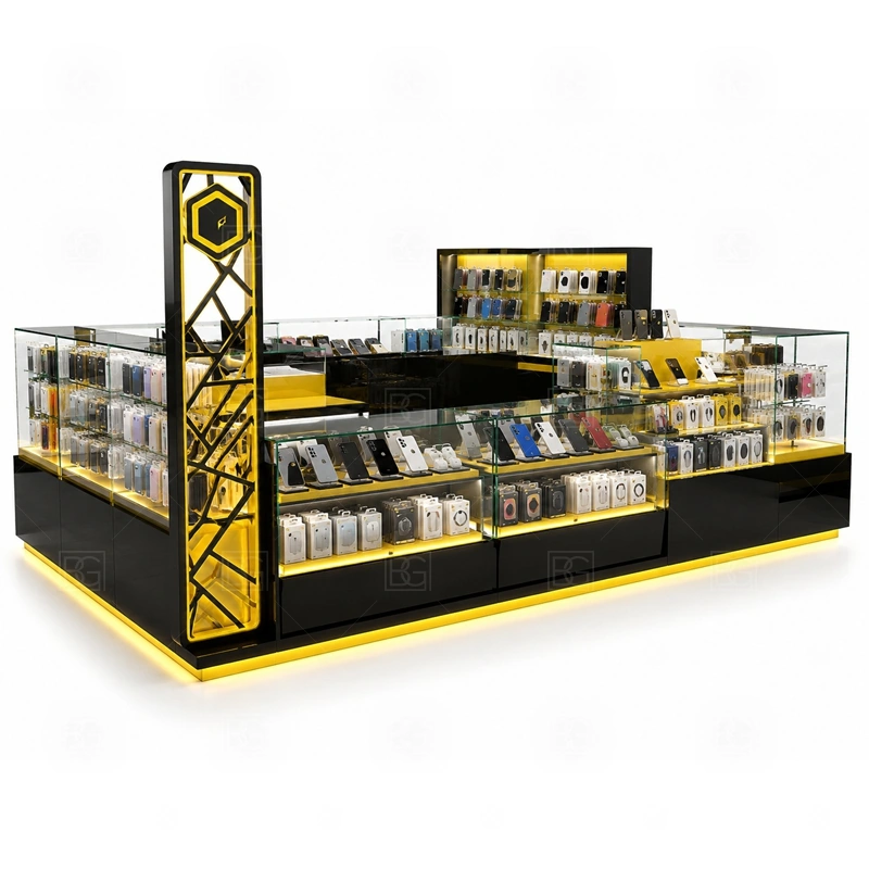 Mobile Shop Mobile Phone Kiosk for Shopping Mall with a mobile-shop style kiosk with complete accessory display, cashier function, and compact store-like presentation shown in the mobile shop mobile phone kiosk for shopping mall product photos for mobile phone and accessory retail