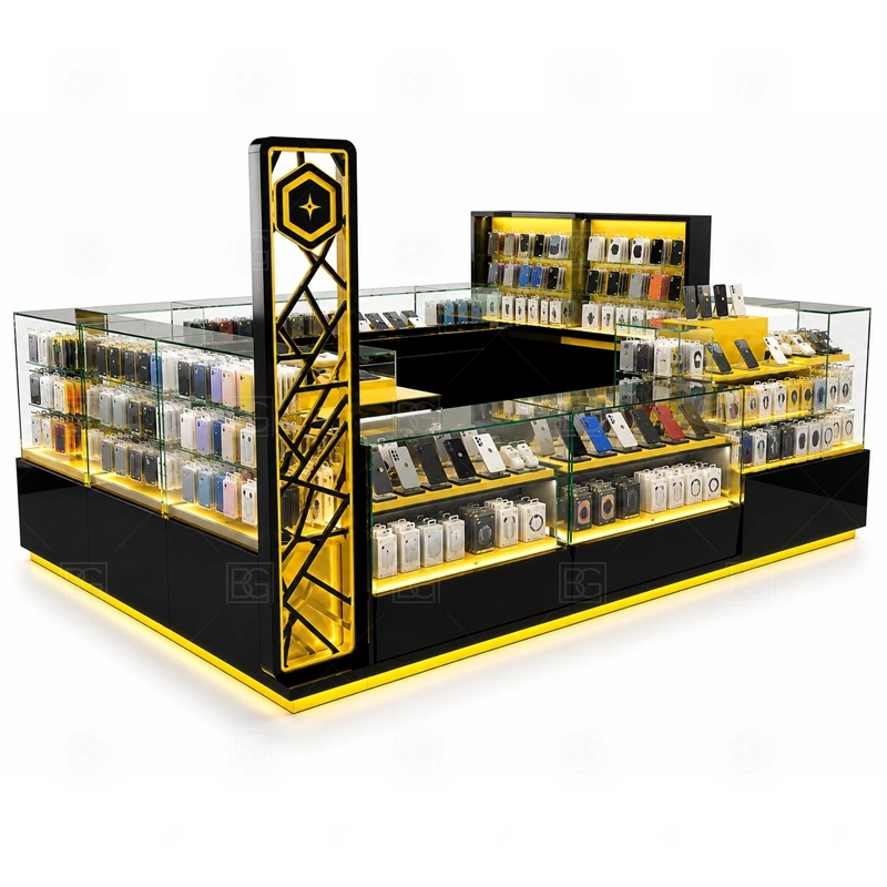 Mobile Shop Mobile Phone Kiosk for Shopping Mall showing a mini-store footprint that combines browsing, checkout, stock access, and optional service consultation shown in the mobile shop mobile phone kiosk for shopping mall product photos, with a customer side that stays visually tidy even when staff are restocking or packing orders