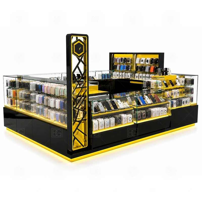 Mobile Shop Mobile Phone Kiosk for Shopping Mall display detail for a broad phone shop assortment including cases, chargers, earbuds, devices, protectors, and add-on items shown in the mobile shop mobile phone kiosk for shopping mall product photos; the product photos also emphasize phone accessory displays, glass counters, and small product shelving