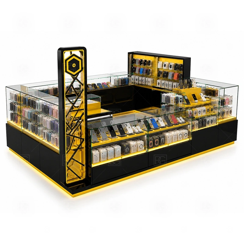 Mobile Shop Mobile Phone Kiosk for Shopping Mall service area for daily phone shop selling, quick repair questions, payment, pickup, and packaging shown in the mobile shop mobile phone kiosk for shopping mall product photos; the kiosk can follow sales counter, POS area, packing surface, and staff-side storage