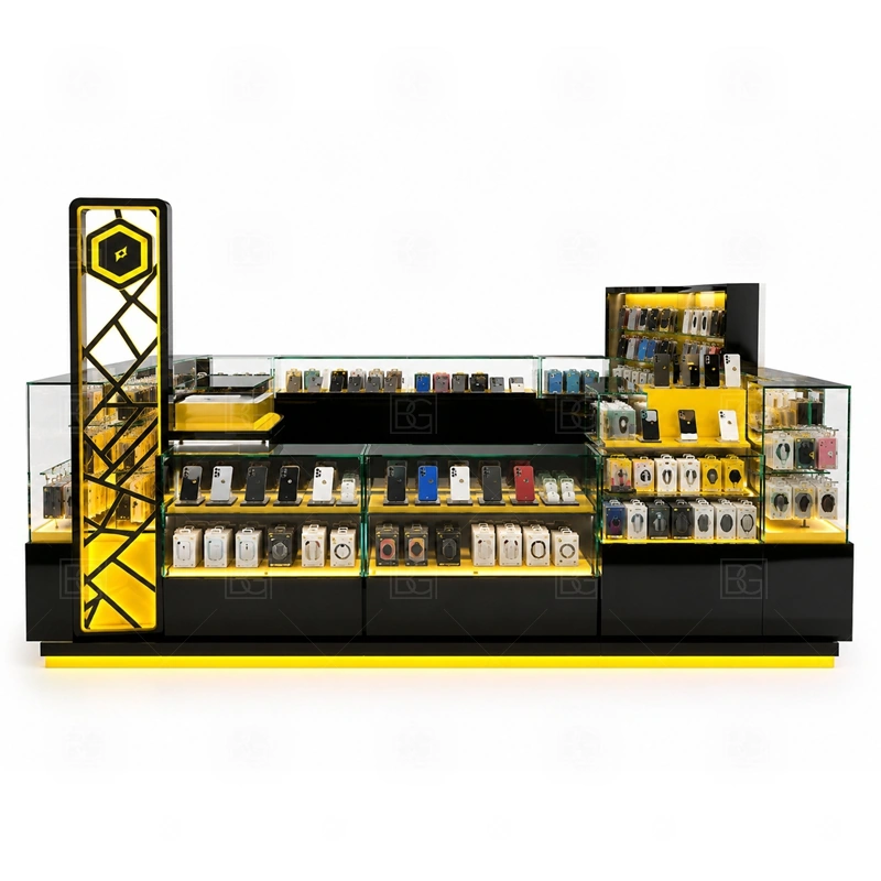 Mobile Shop Mobile Phone Kiosk for Shopping Mall signage detail with shopfront-style signs, visible logo zones, and front panels that make the kiosk feel like a small store shown in the mobile shop mobile phone kiosk for shopping mall product photos; this page also uses custom logo signage and brand color presentation