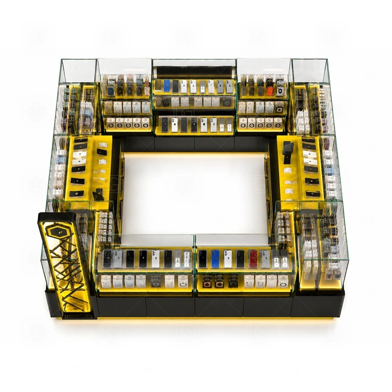 Mobile Shop Mobile Phone Kiosk for Shopping Mall storage detail for staff-side cabinets and drawers sized for a wider accessory assortment shown in the mobile shop mobile phone kiosk for shopping mall product photos, with a stronger first impression at browsing distance plus practical checkout close to the display