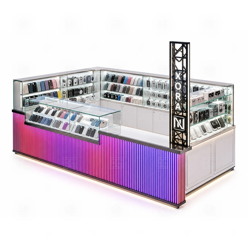 Mobile Shop Phone Accessories Kiosk with Repair Counter with a mobile-shop style kiosk with complete accessory display, cashier function, and compact store-like presentation shown in the mobile shop phone accessories kiosk with repair counter product photos for repair service and phone accessory sales
