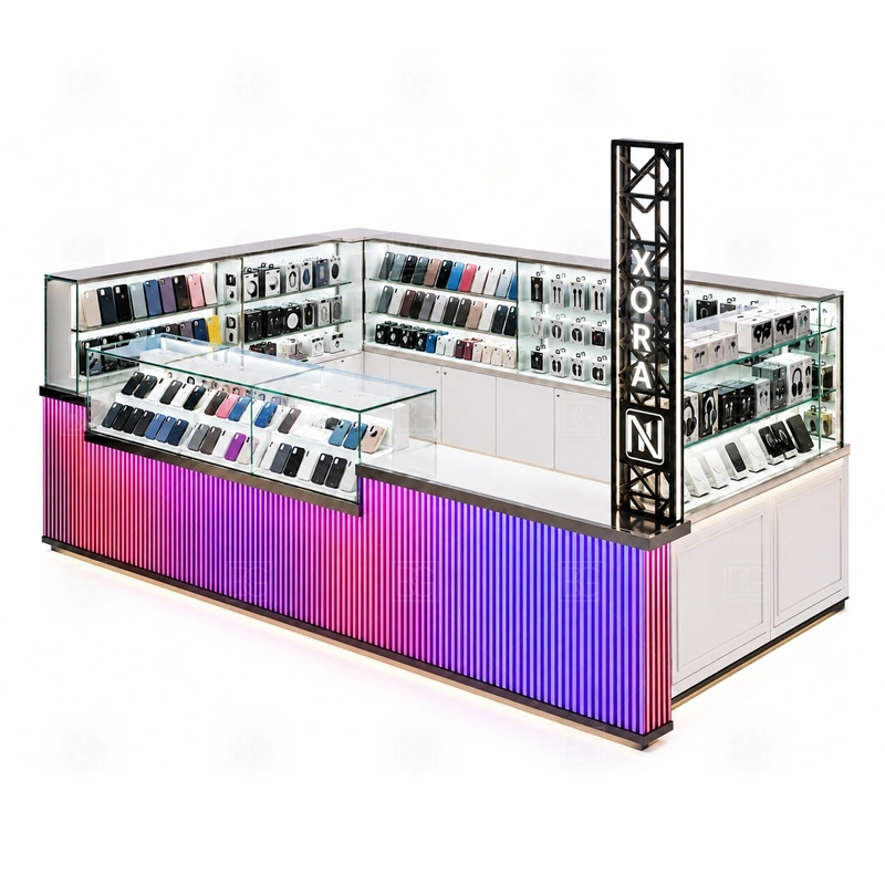 Mobile Shop Phone Accessories Kiosk with Repair Counter showing a mini-store footprint that combines browsing, checkout, stock access, and optional service consultation shown in the mobile shop phone accessories kiosk with repair counter product photos, with separate zones for browsing, payment, stock refill, and product consultation