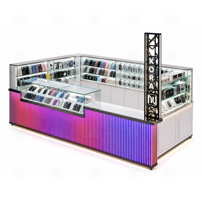 Mobile Shop Phone Accessories Kiosk with Repair Counter display detail for a broad phone shop assortment including cases, chargers, earbuds, devices, protectors, and add-on items shown in the mobile shop phone accessories kiosk with repair counter product photos; the product photos also emphasize phone accessory displays, glass counters, and small product shelving