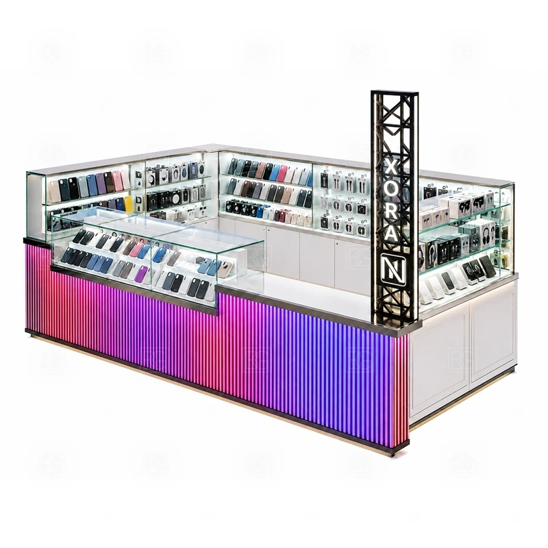 Mobile Shop Phone Accessories Kiosk with Repair Counter service area for repair intake, device handoff, testing, POS, and accessory recommendation at a dedicated counter shown in the mobile shop phone accessories kiosk with repair counter product photos; the kiosk can follow repair service counter, device handoff area, and lockable tool storage