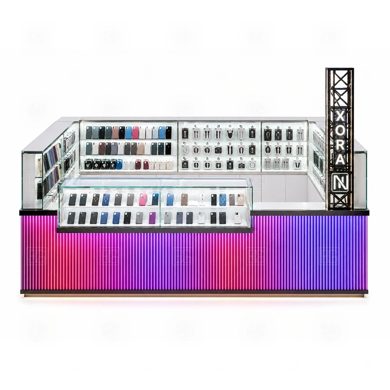 Mobile Shop Phone Accessories Kiosk with Repair Counter signage detail with shopfront-style signs, visible logo zones, and front panels that make the kiosk feel like a small store shown in the mobile shop phone accessories kiosk with repair counter product photos; this page also uses tall logo tower and LED brand lighting