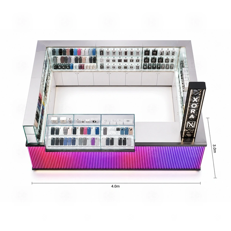 Mobile Shop Phone Accessories Kiosk with Repair Counter storage detail for staff-side cabinets and drawers sized for a wider accessory assortment shown in the mobile shop phone accessories kiosk with repair counter product photos, with front-facing customer movement with staff work kept behind the display line