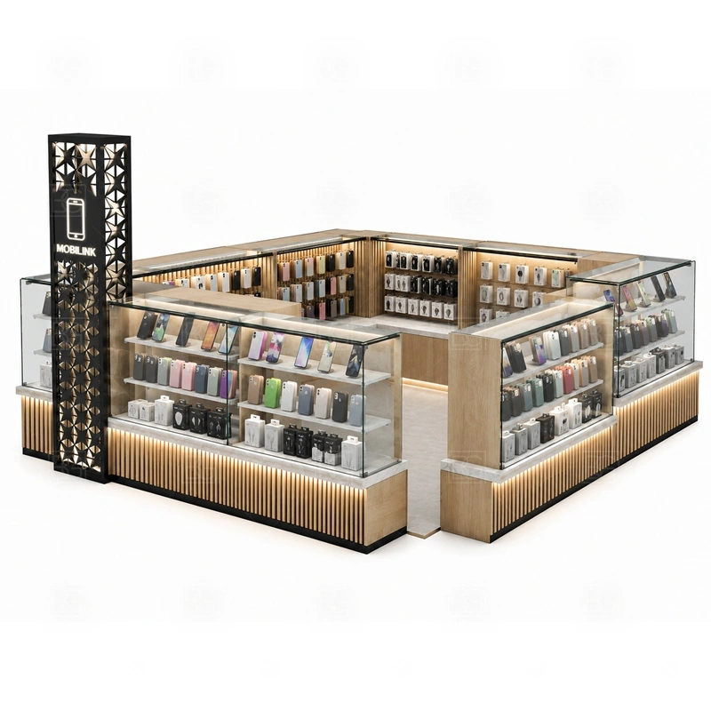 Mobile Shop Shopping Mall Phone Kiosk and Accessories Display showing a front browsing zone supported by staff-side drawers and fast restocking access shown in the mobile shop shopping mall phone kiosk and accessories display product photos, with a stronger first impression at browsing distance plus practical checkout close to the display
