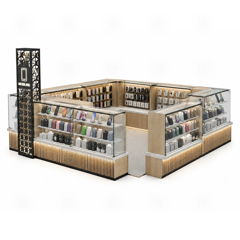 Mobile Shop Shopping Mall Phone Kiosk and Accessories Display display detail for a wider accessory mix shown through wall panels, shelves, hooks, and front counter displays shown in the mobile shop shopping mall phone kiosk and accessories display product photos; the product photos also emphasize phone accessory displays, glass counters, and small product shelving