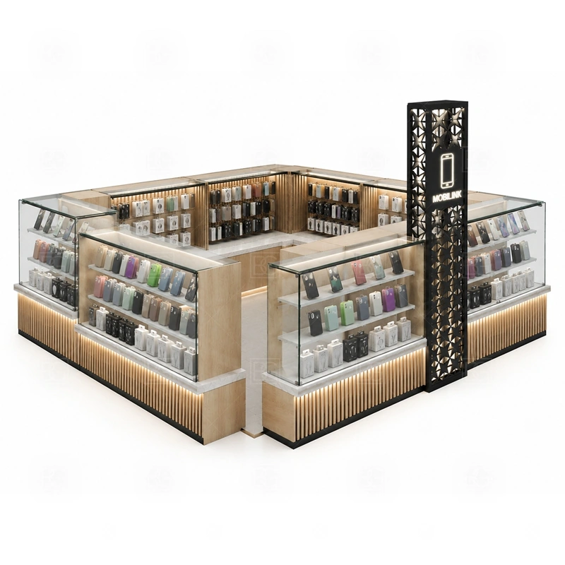Mobile Shop Shopping Mall Phone Kiosk and Accessories Display service area for quick product selection, checkout, packaging, and replenishment during walk-by traffic shown in the mobile shop shopping mall phone kiosk and accessories display product photos; the kiosk can follow sales counter, POS area, packing surface, and staff-side storage