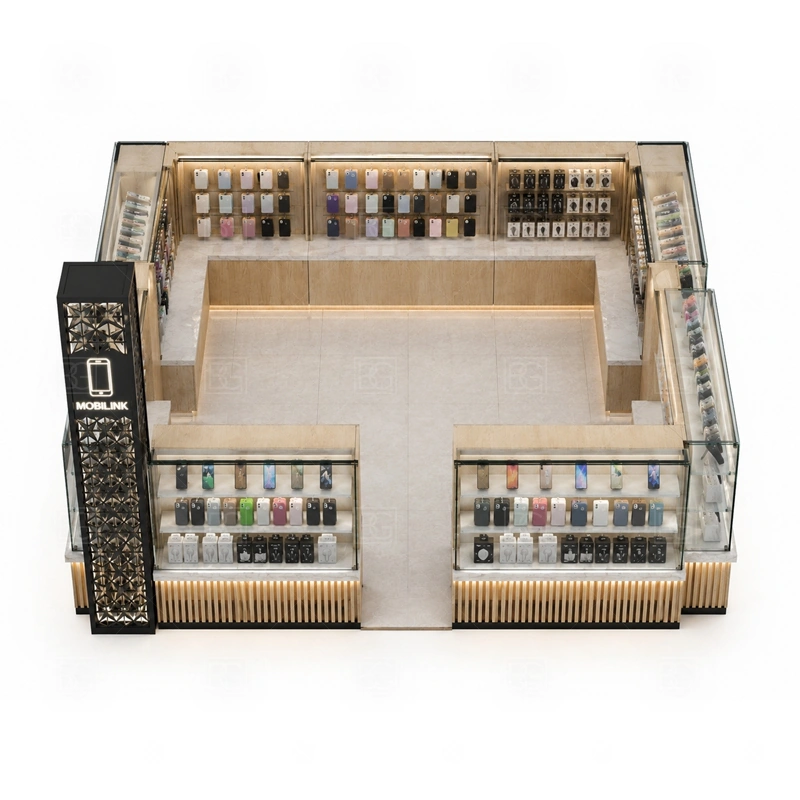 Mobile Shop Shopping Mall Phone Kiosk and Accessories Display storage detail for divided lower cabinets for high-turnover cases, cables, protectors, and spare display stock shown in the mobile shop shopping mall phone kiosk and accessories display product photos, with a customer side that stays visually tidy even when staff are restocking or packing orders