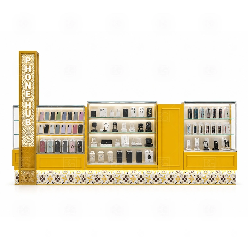 Modern Cell Phone Display Counter Design signage detail with simple logo placement, controlled lighting, and brand colors applied without heavy decoration shown in the modern cell phone display counter design product photos; this page also uses tall logo tower and LED brand lighting