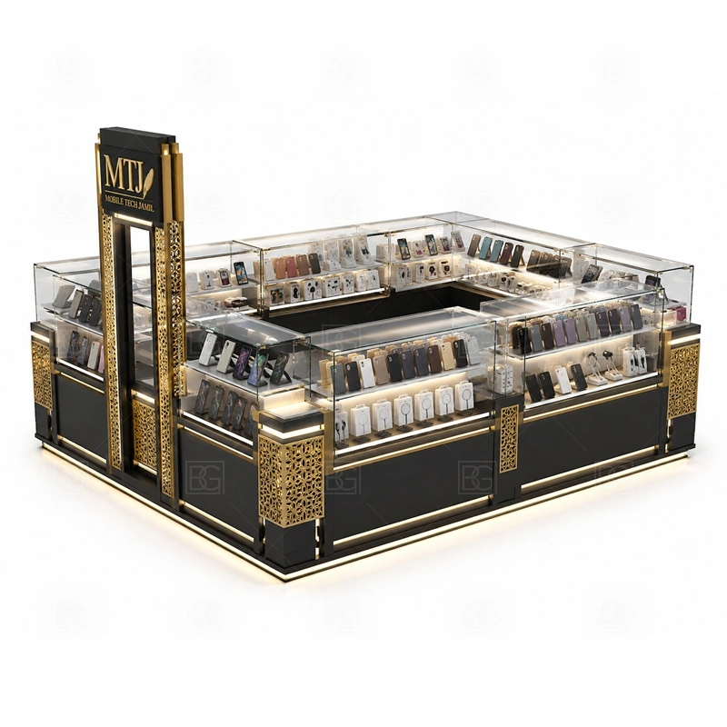 Modern Cellphone Accessories Kiosk Display Counter with a modern phone kiosk with cleaner lines, organized display zones, and a simplified customer-facing layout shown in the modern cellphone accessories kiosk display counter product photos for mobile accessory retail and small electronics display