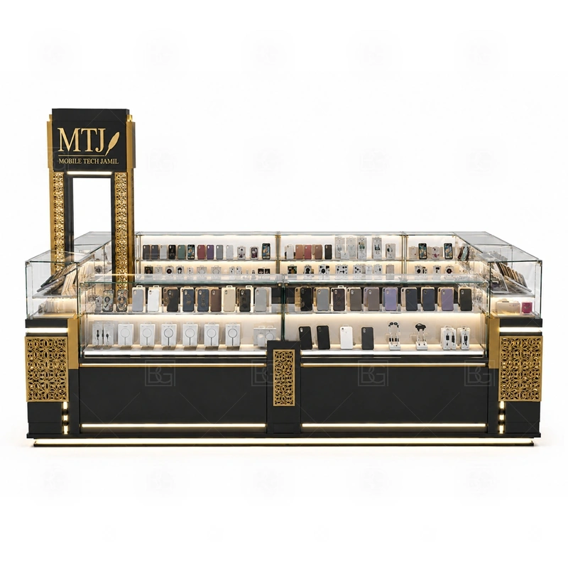 Modern Cellphone Accessories Kiosk Display Counter signage detail with simple logo placement, controlled lighting, and brand colors applied without heavy decoration shown in the modern cellphone accessories kiosk display counter product photos; this page also uses tall logo tower and LED brand lighting