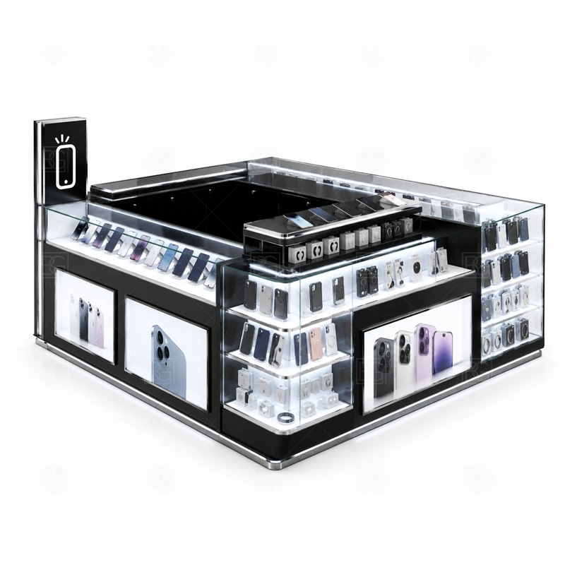 Modern Mobile Accessories Kiosk for Sale with a modern phone kiosk with cleaner lines, organized display zones, and a simplified customer-facing layout shown in the modern mobile accessories kiosk for sale product photos for mobile accessory retail and small electronics display