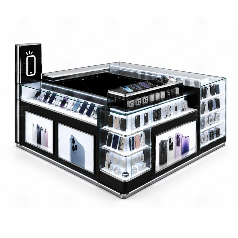 Modern Mobile Accessories Kiosk for Sale showing a clean counter sequence that separates display, service, checkout, and storage in a simple route shown in the modern mobile accessories kiosk for sale product photos, with a customer side that stays visually tidy even when staff are restocking or packing orders