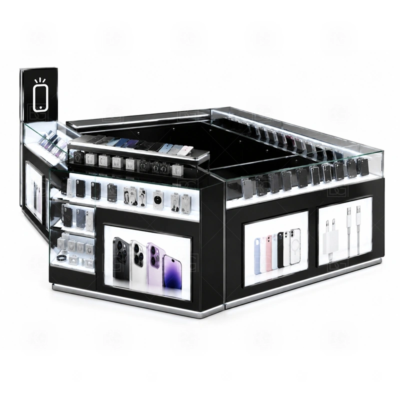 Modern Mobile Accessories Kiosk for Sale display detail for neatly grouped accessories, device displays, glass counters, and wall panels with consistent spacing shown in the modern mobile accessories kiosk for sale product photos; the product photos also emphasize phone accessory displays, glass counters, and small product shelving