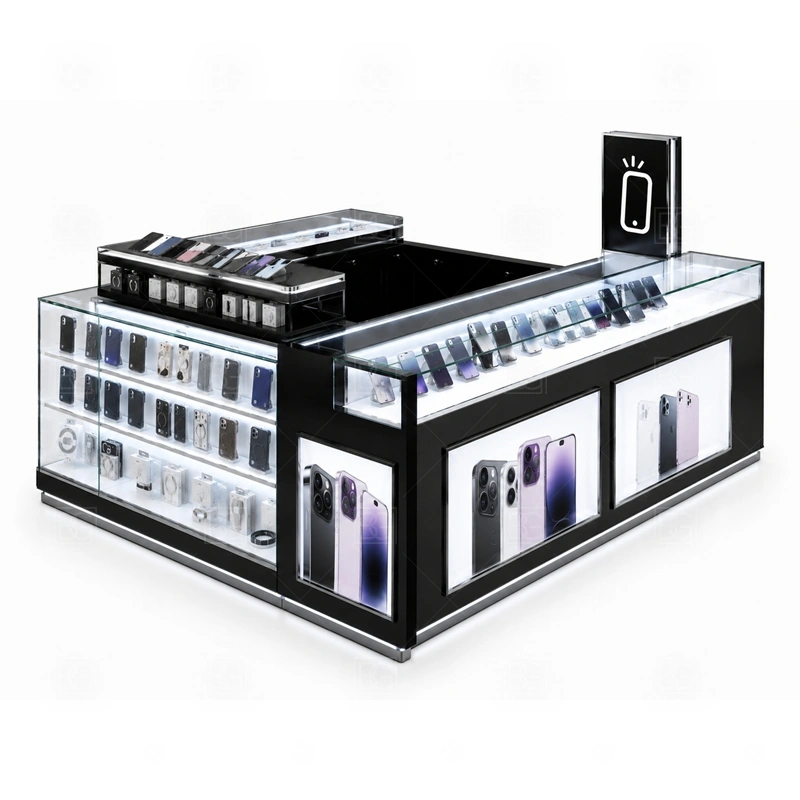 Modern Mobile Accessories Kiosk for Sale service area for straightforward sales, consultation, payment, and customer handoff with minimal counter confusion shown in the modern mobile accessories kiosk for sale product photos; the kiosk can follow sales counter, POS area, packing surface, and staff-side storage
