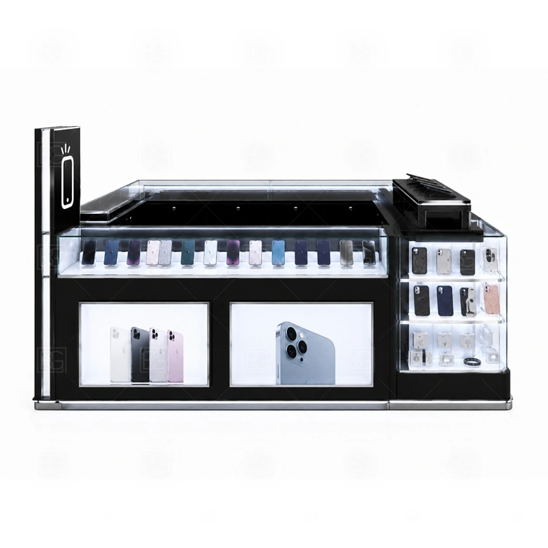 Modern Mobile Accessories Kiosk for Sale signage detail with simple logo placement, controlled lighting, and brand colors applied without heavy decoration shown in the modern mobile accessories kiosk for sale product photos; this page also uses custom logo signage and brand color presentation