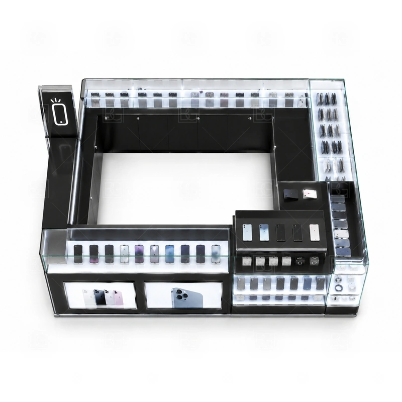 Modern Mobile Accessories Kiosk for Sale storage detail for hidden cabinets and clean cable routes that support a tidy modern retail look shown in the modern mobile accessories kiosk for sale product photos, with a stronger first impression at browsing distance plus practical checkout close to the display