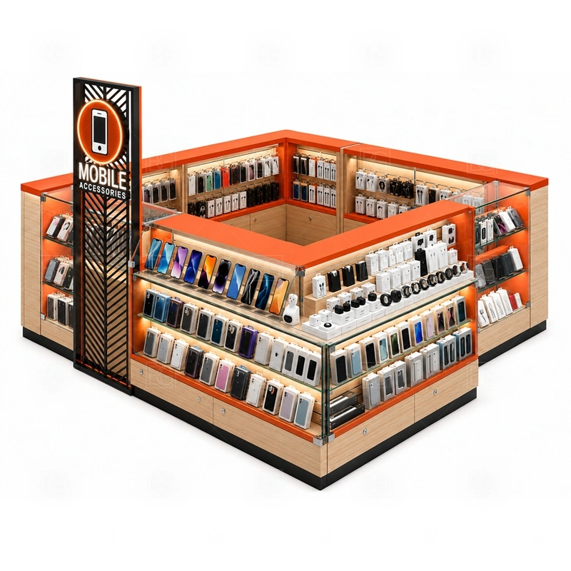 Modern Phone Case Kiosk Manufacturer showing a clean counter sequence that separates display, service, checkout, and storage in a simple route shown in the modern phone case kiosk manufacturer product photos, with clear customer approach from the main mall walkway and quick staff access from the rear