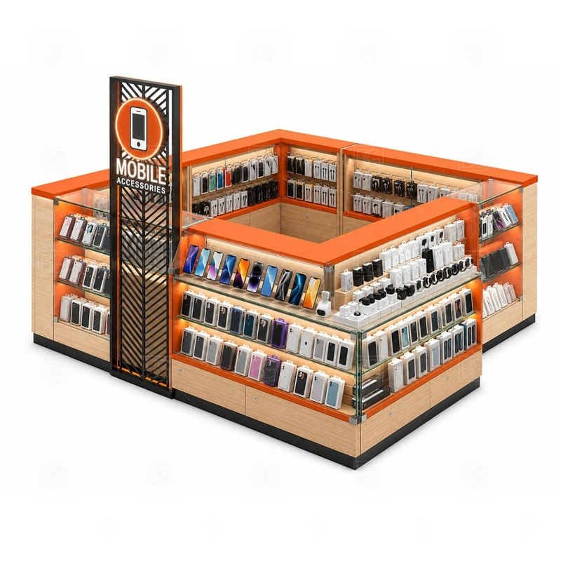 Modern Phone Case Kiosk Manufacturer display detail for neatly grouped accessories, device displays, glass counters, and wall panels with consistent spacing shown in the modern phone case kiosk manufacturer product photos; the product photos also emphasize phone accessory displays, glass counters, and small product shelving