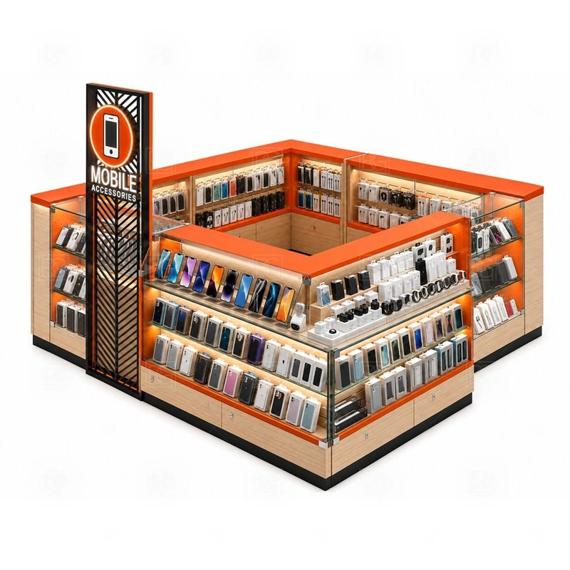 Modern Phone Case Kiosk Manufacturer service area for straightforward sales, consultation, payment, and customer handoff with minimal counter confusion shown in the modern phone case kiosk manufacturer product photos; the kiosk can follow sales counter, POS area, packing surface, and staff-side storage