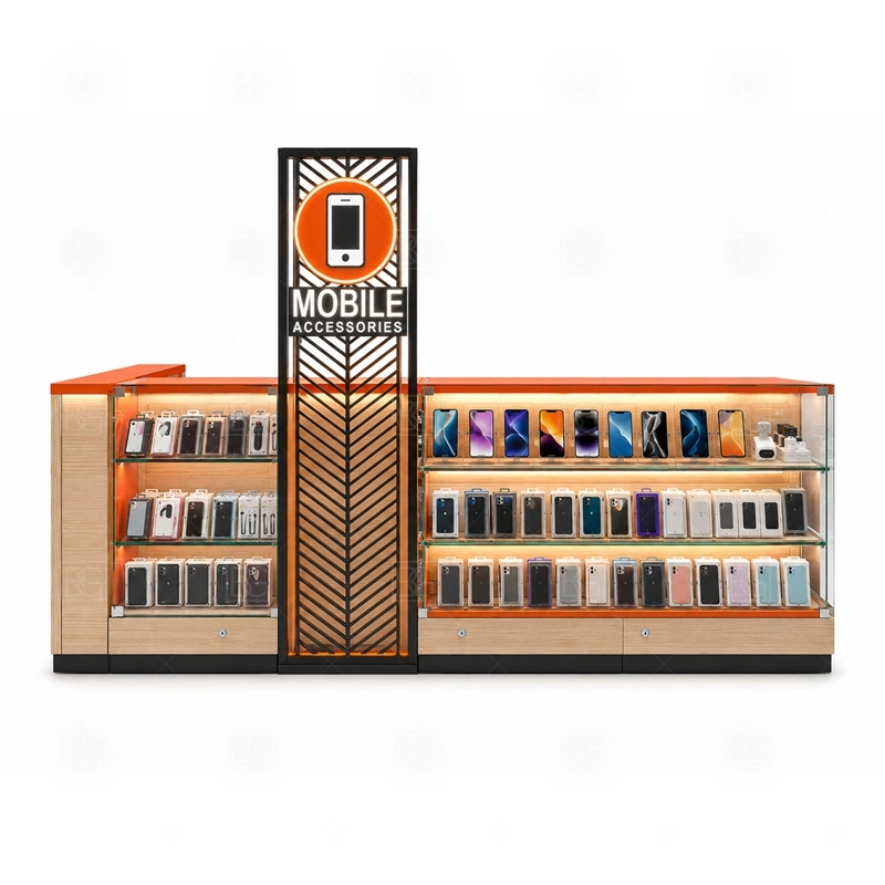 Modern Phone Case Kiosk Manufacturer signage detail with simple logo placement, controlled lighting, and brand colors applied without heavy decoration shown in the modern phone case kiosk manufacturer product photos; this page also uses custom logo signage and brand color presentation