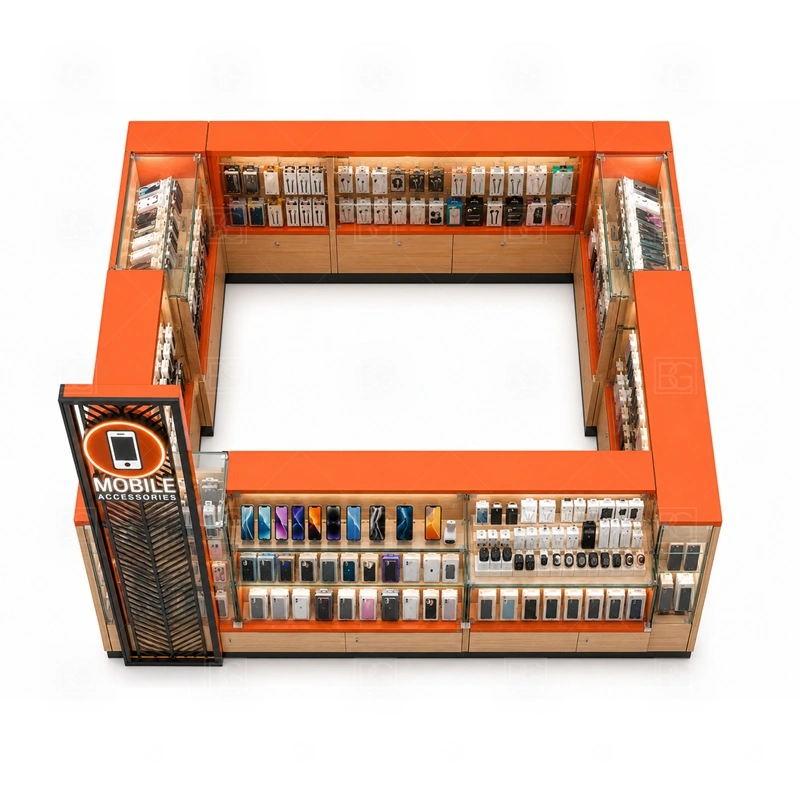 Modern Phone Case Kiosk Manufacturer storage detail for hidden cabinets and clean cable routes that support a tidy modern retail look shown in the modern phone case kiosk manufacturer product photos, with a layout that can be checked against lease drawings before production begins
