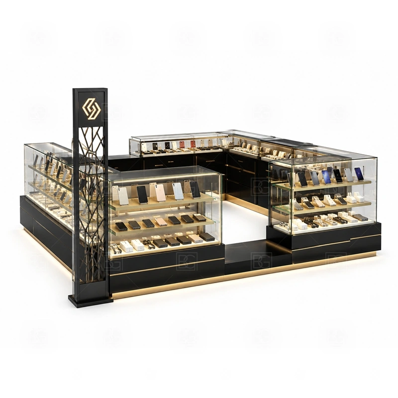 Modern Phone Repair Kiosk with Lockable Storage with a modern phone kiosk with cleaner lines, organized display zones, and a simplified customer-facing layout shown in the modern phone repair kiosk with lockable storage product photos for repair service and phone accessory sales