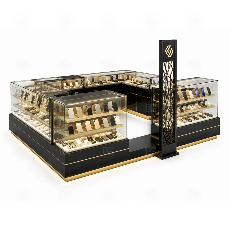 Modern Phone Repair Kiosk with Lockable Storage display detail for neatly grouped accessories, device displays, glass counters, and wall panels with consistent spacing shown in the modern phone repair kiosk with lockable storage product photos; the product photos also emphasize phone accessory displays, glass counters, and small product shelving