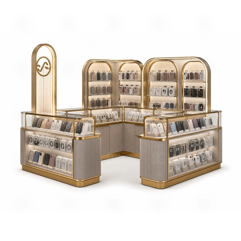 Modern Retail Phone Kiosk and Accessories Display with an accessory-focused kiosk with dense wall merchandising, glass counter protection, and quick-browse front shelves shown in the modern retail phone kiosk and accessories display product photos for mobile accessory retail and small electronics display