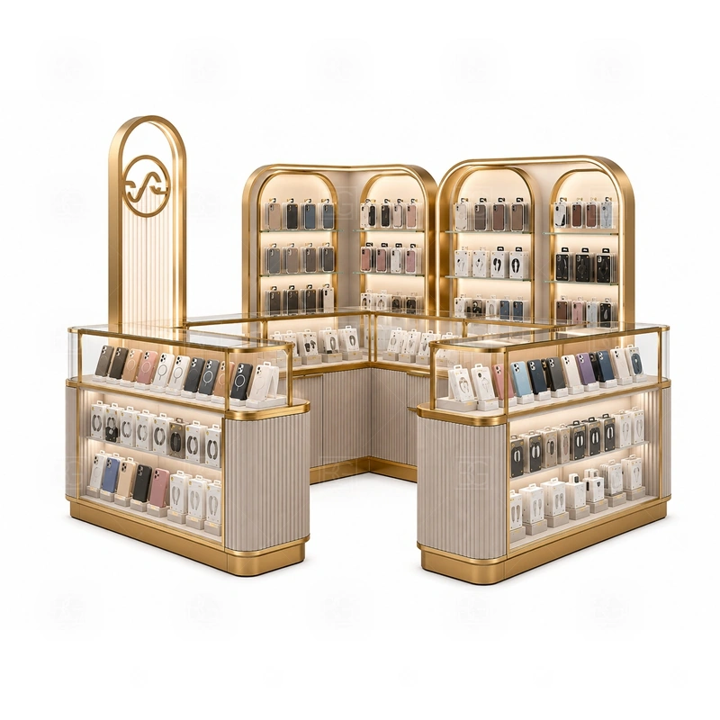 Modern Retail Phone Kiosk and Accessories Display showing a front browsing zone supported by staff-side drawers and fast restocking access shown in the modern retail phone kiosk and accessories display product photos, with front-facing customer movement with staff work kept behind the display line