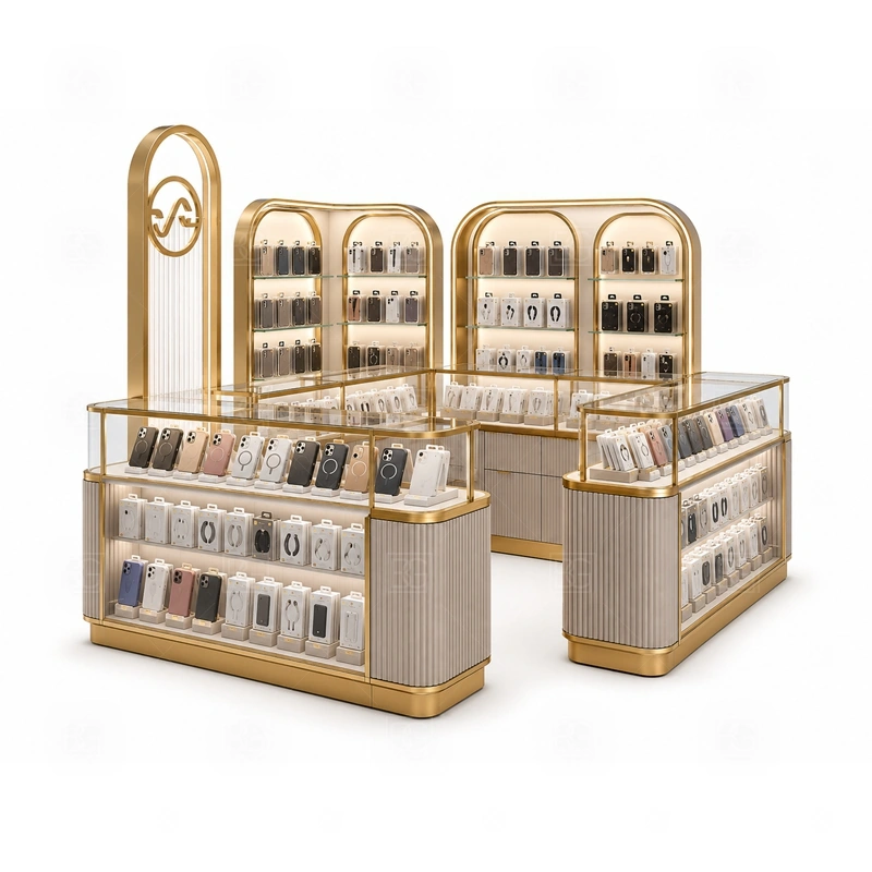 Modern Retail Phone Kiosk and Accessories Display display detail for a wider accessory mix shown through wall panels, shelves, hooks, and front counter displays shown in the modern retail phone kiosk and accessories display product photos; the product photos also emphasize phone accessory displays, glass counters, and small product shelving